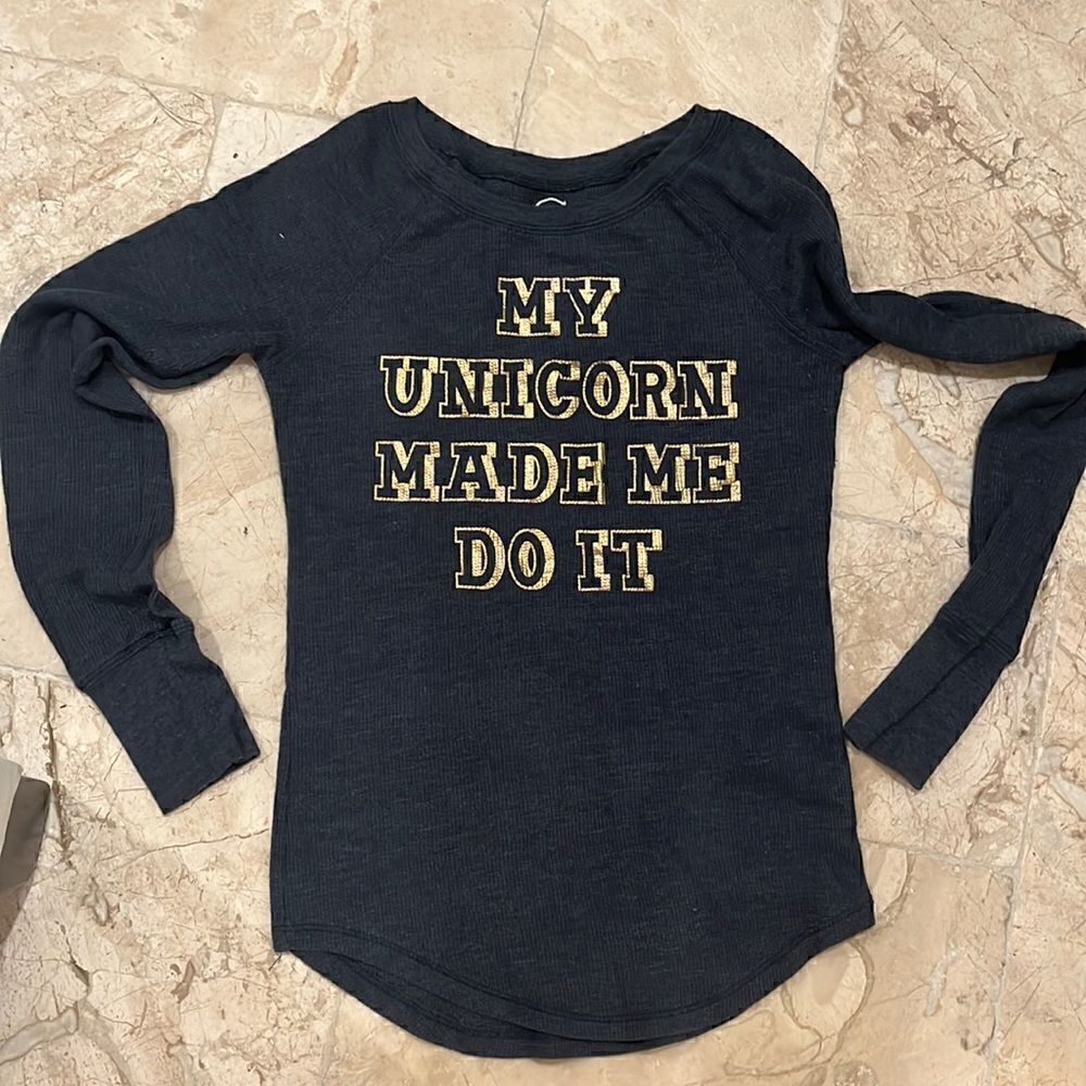 Long sleeve waffle knit tee shirt - my unicorn made me do it Sz M